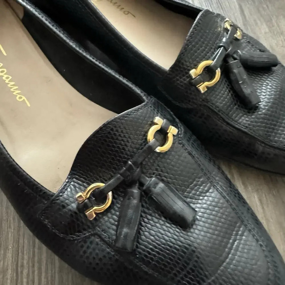 Salvatore Ferragamo Womens Animal Print Loafers 8.5 Black Lizard Whimsigoth - Picture 3 of 13